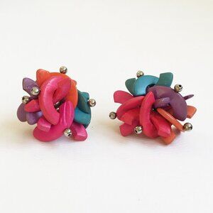 Vintage 80s Multicolor Funky Rainbow Arches Silver Ball Cluster Pierced Earrings